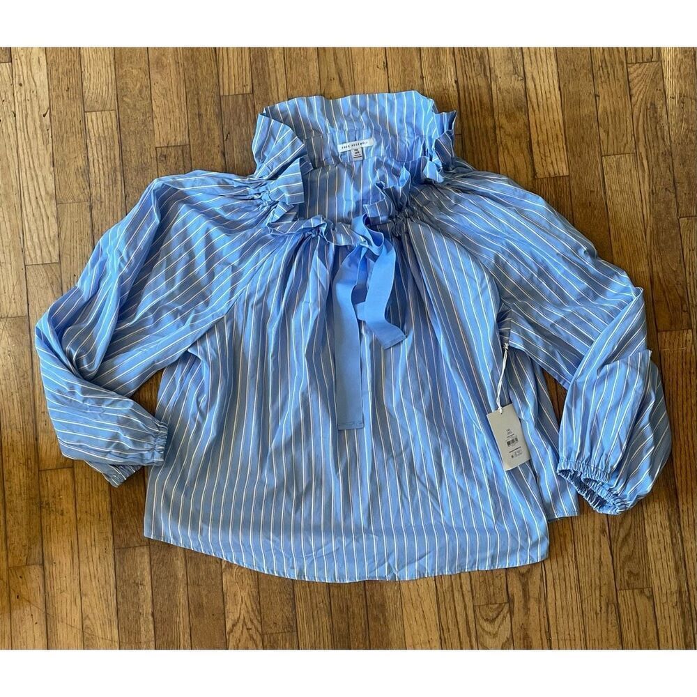 Free Assembly Blue Striped Mock Collar Bow Blouse XXL New